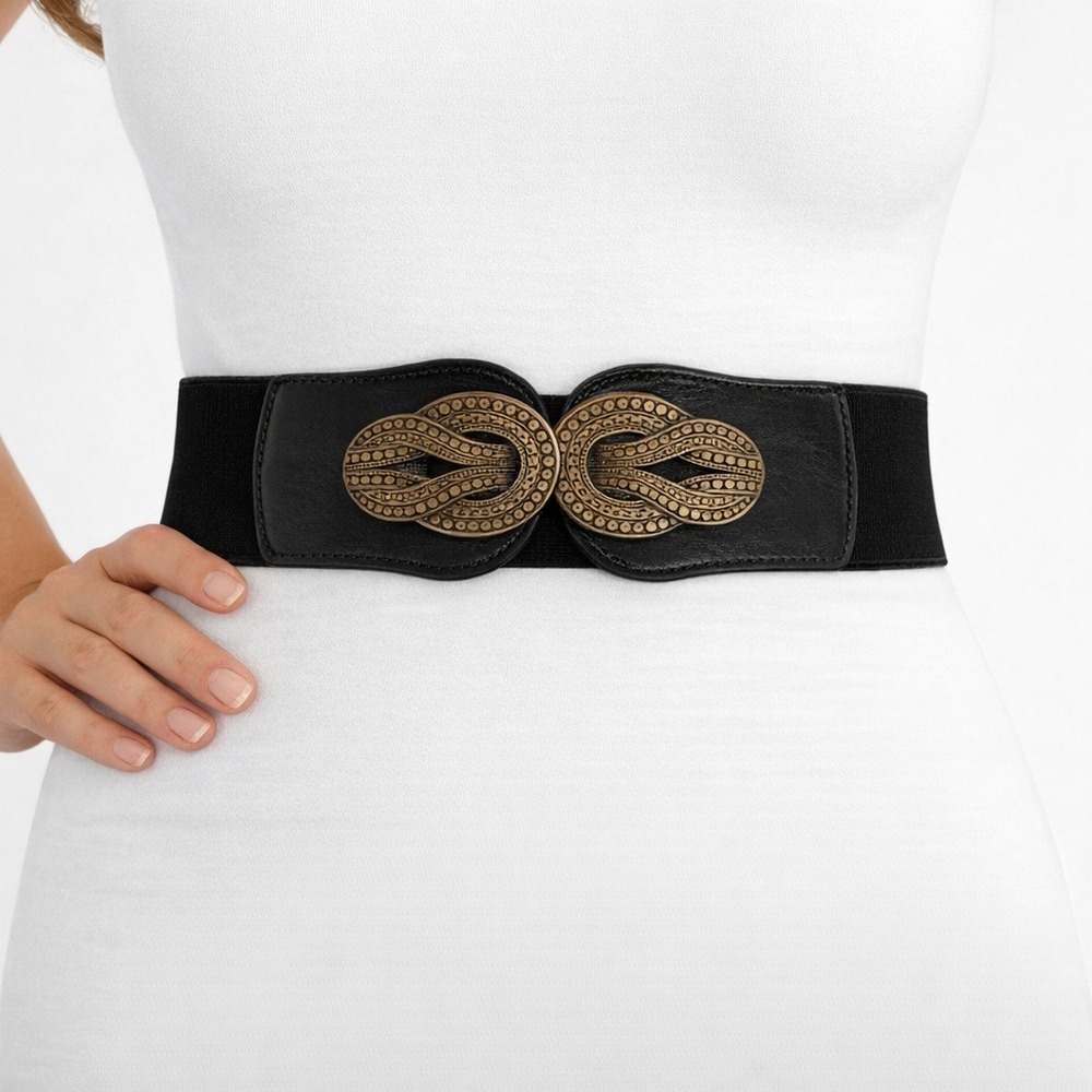 ModCloth Womens Black Elastic Cinch Belt Brass Interlocking Buckle New RN138432